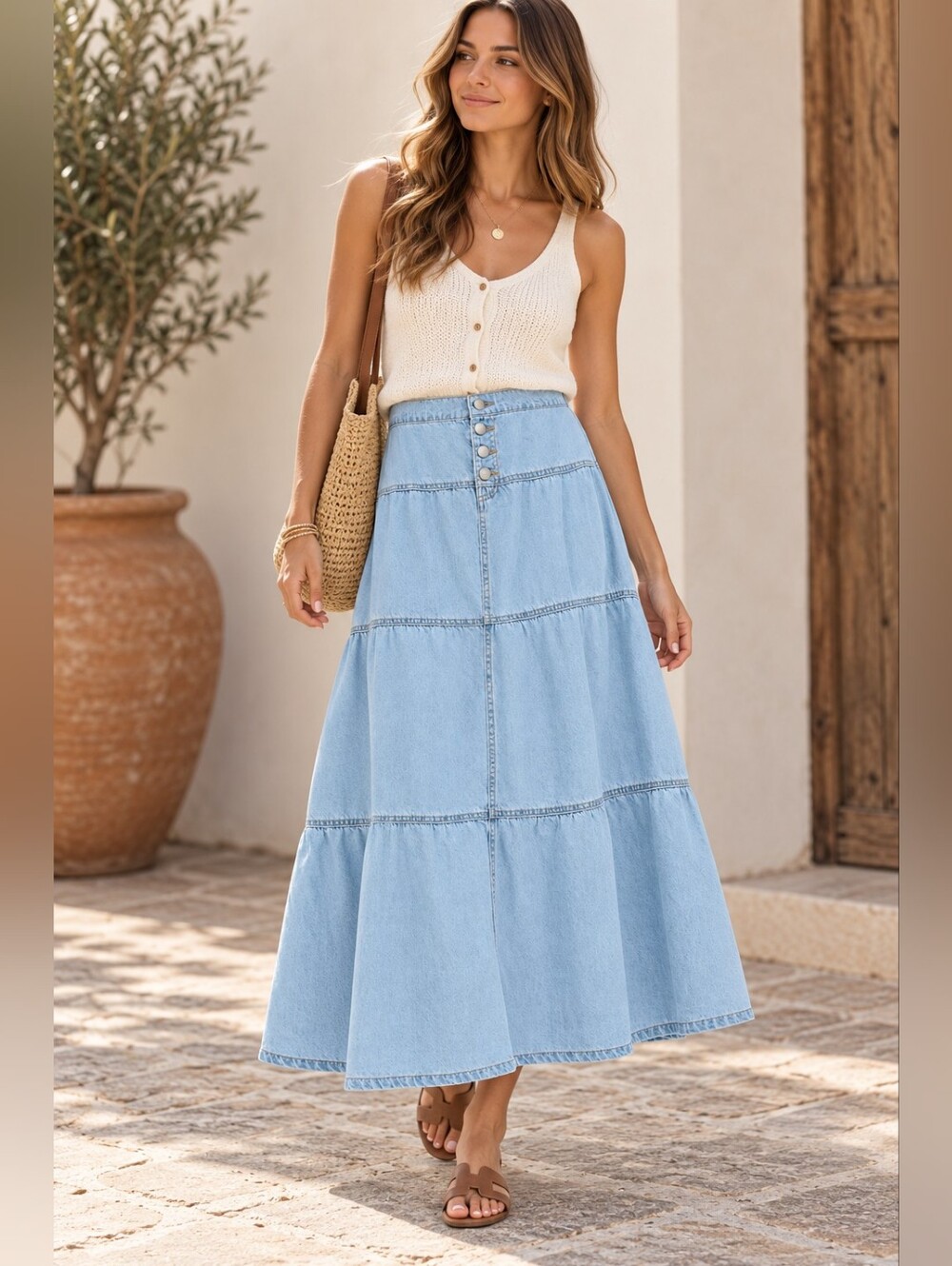 RISEN Light Wash Tiered Maxi Long Skirt Cottagecore Western Flowy Various NEW - Picture 7 of 9